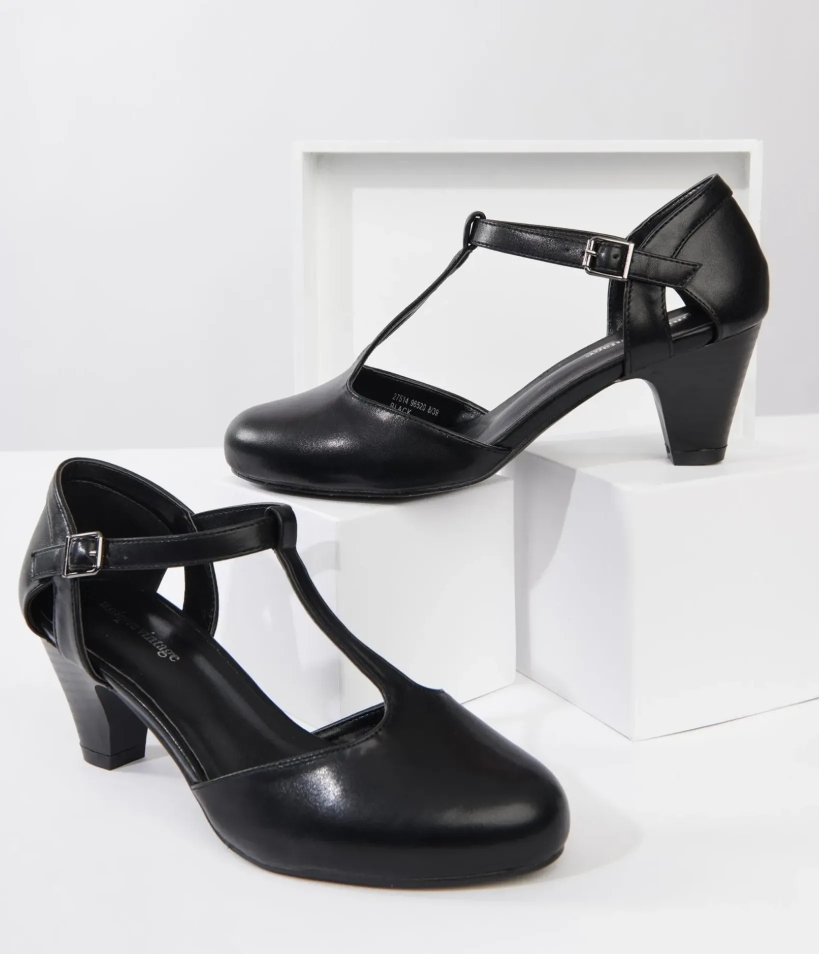 Unique Vintage Special Occasion|Heels>1920s Black Leatherette Closed Toe T-Strap Roxy Pumps