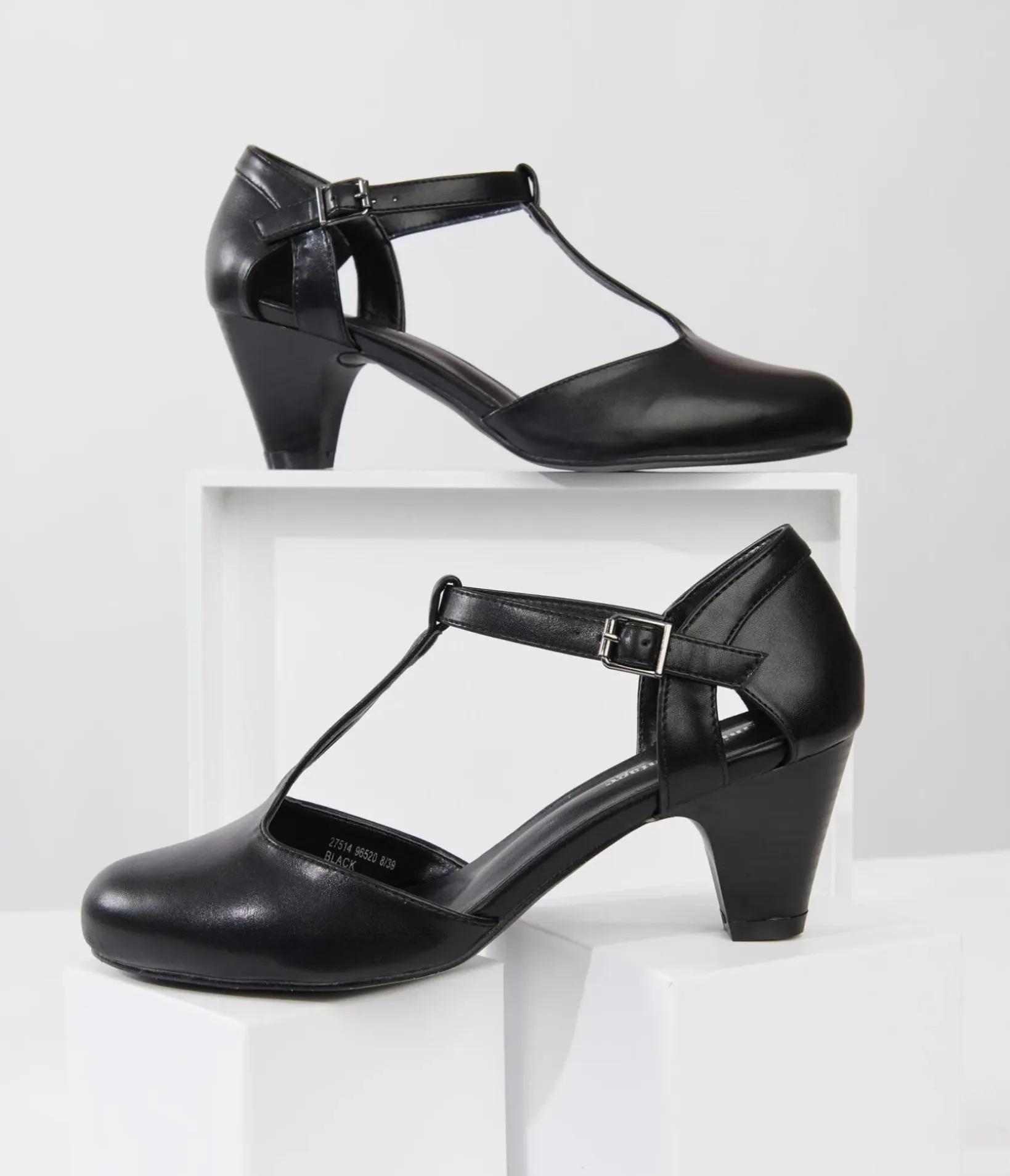 Unique Vintage Special Occasion|Heels>1920s Black Leatherette Closed Toe T-Strap Roxy Pumps