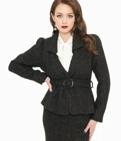 Unique Vintage Coats & Jackets|All Things Black>1940s Black Lurex Tweed Belted Jacket