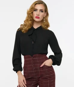 Unique Vintage Blouses|All Things Black>1940s Black Neck Tie Blouse