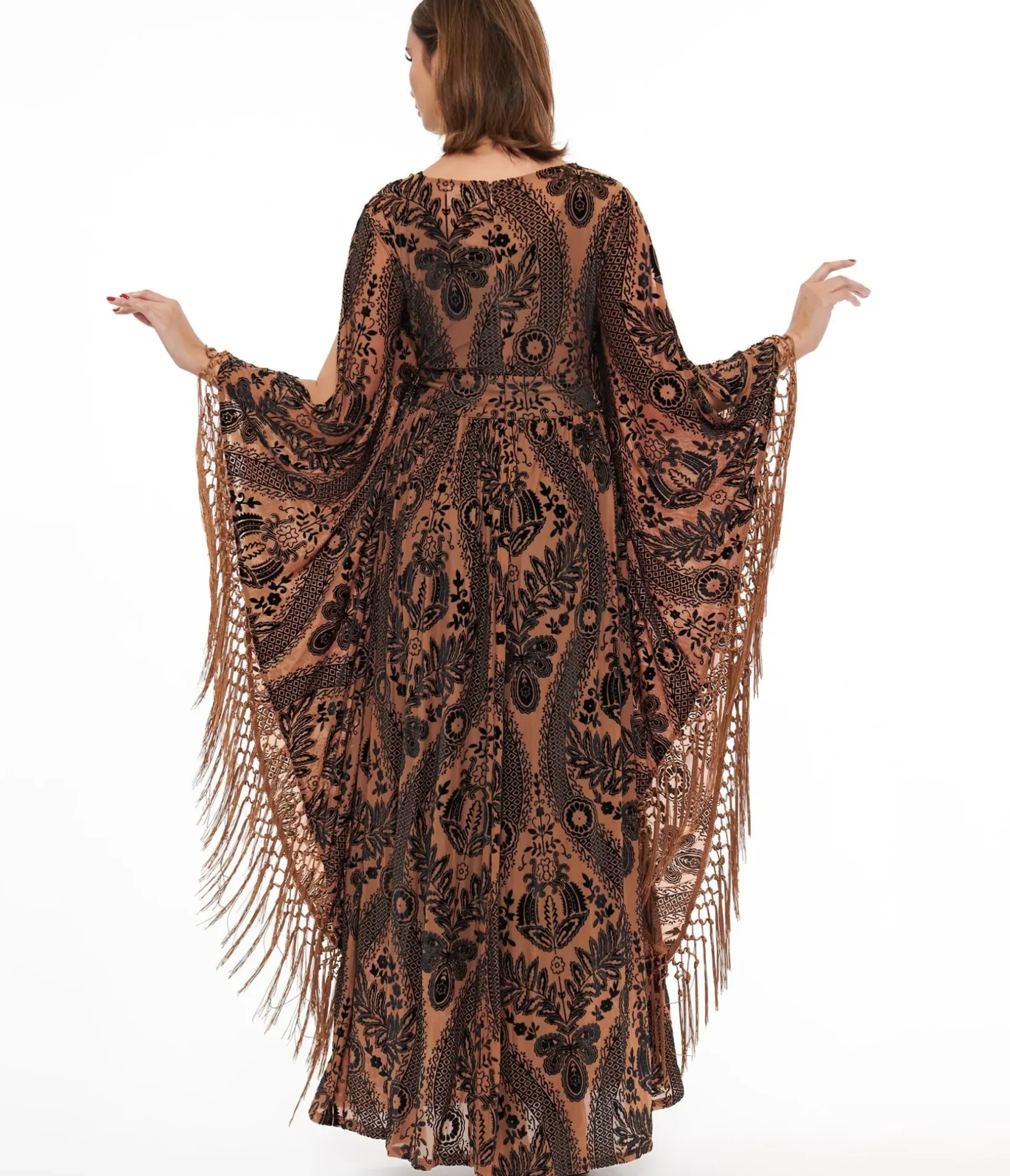 Unique Vintage Caftans|Caftans>1960s Black & Nude Floral Fringe Flutter Sleeve Caftan
