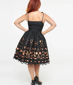 Unique Vintage Everyday Dresses|All Things Black>1950s Black & Orange Dia De Los Muertos Cutout Bobbie Swing Dress