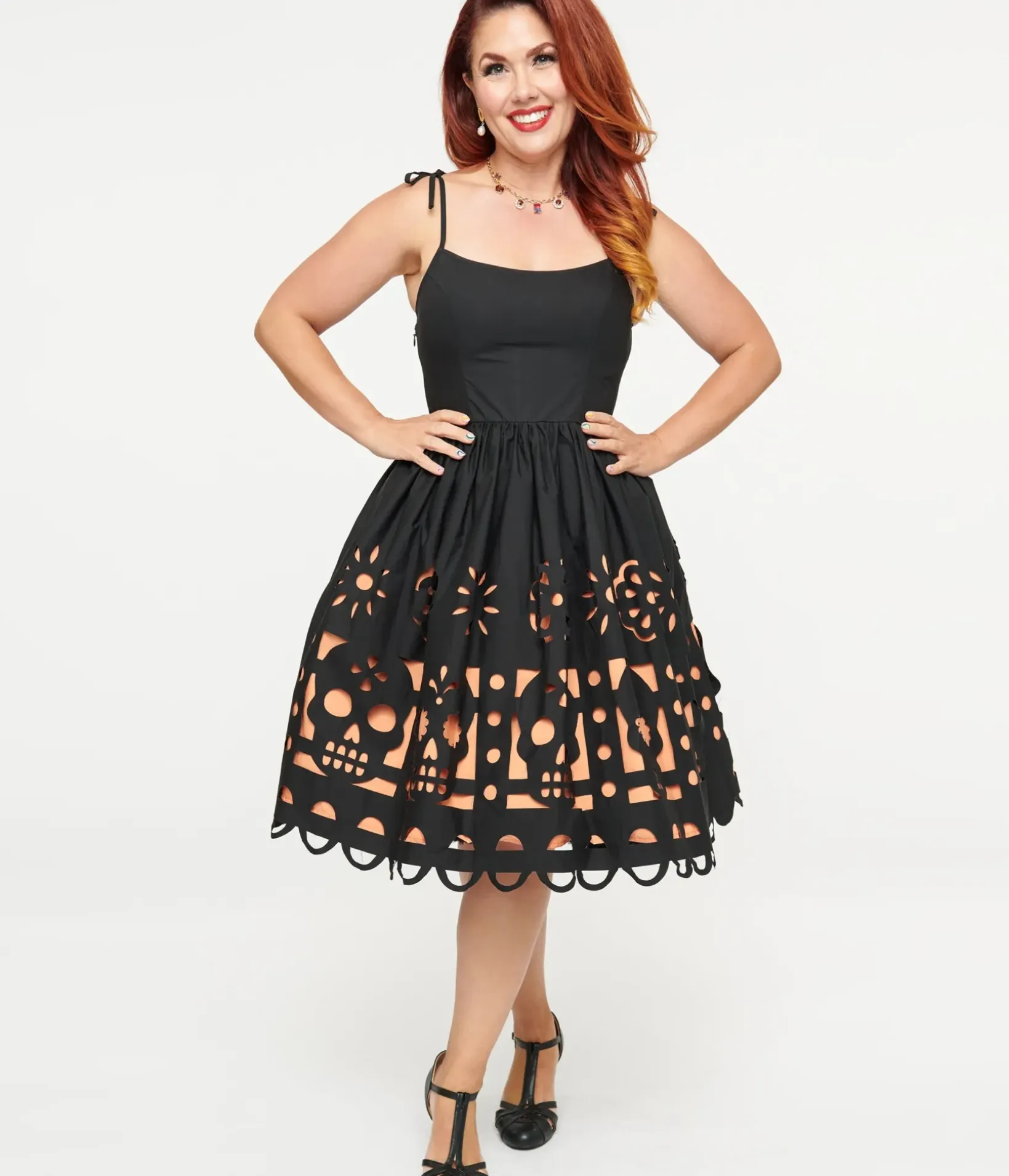 Unique Vintage Everyday Dresses|All Things Black>1950s Black & Orange Dia De Los Muertos Cutout Bobbie Swing Dress