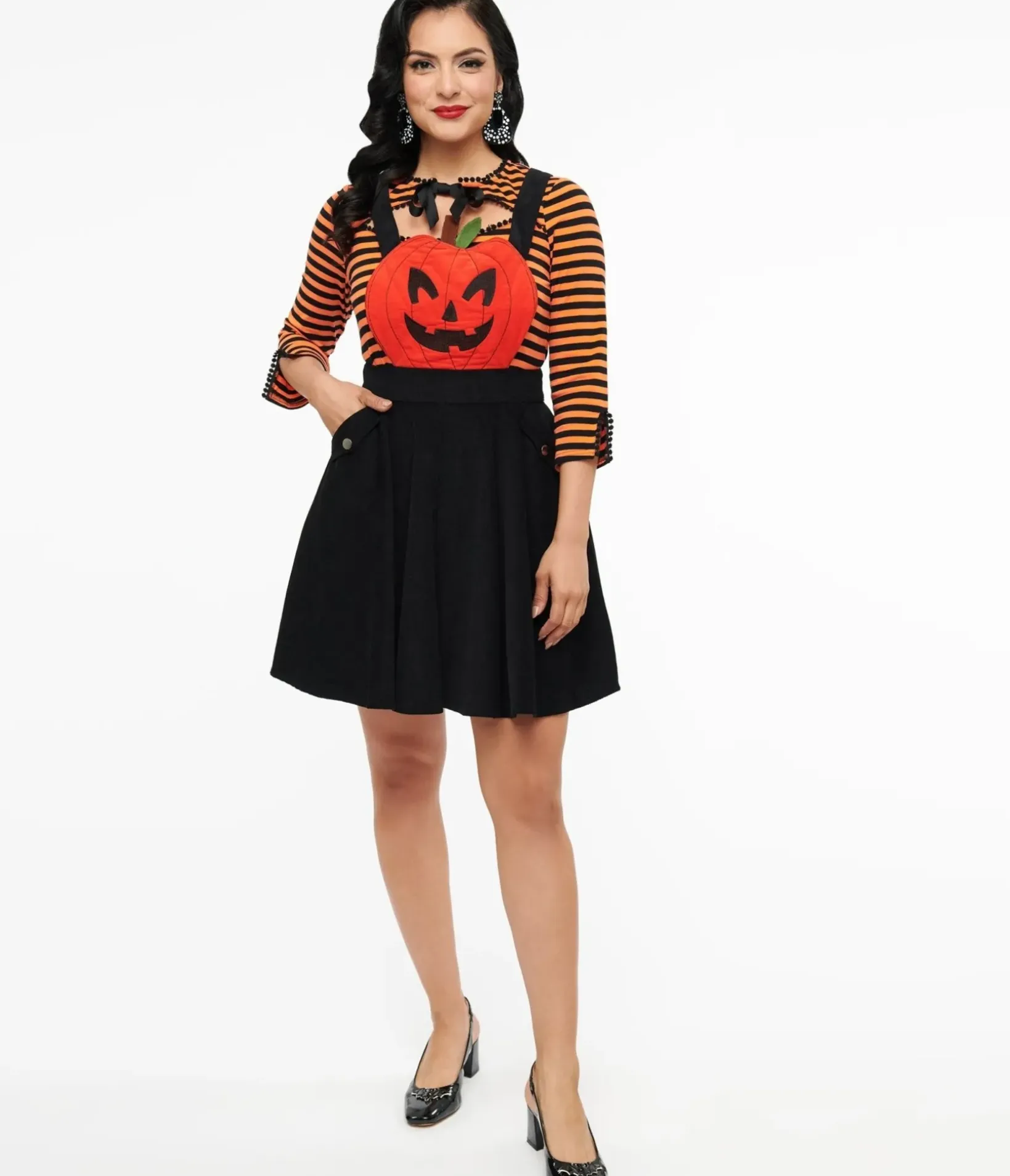 Unique Vintage Skirts|All Things Black>1950s Black & Orange Jack-O-Lantern Pinafore
