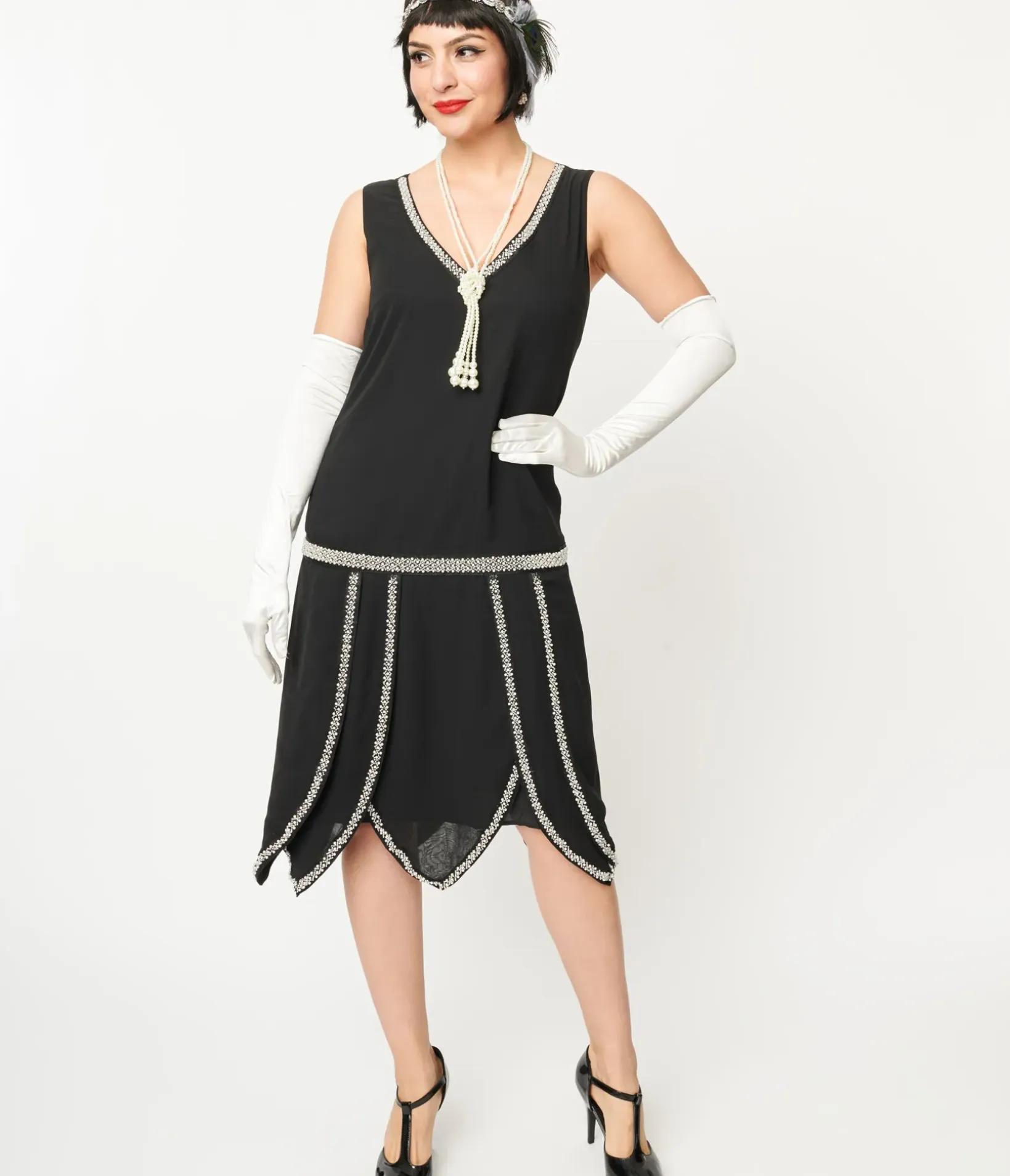Unique Vintage Special Occasion|Flapper Dresses>1920s Black & Pearl Beaded Petal Flapper Dress