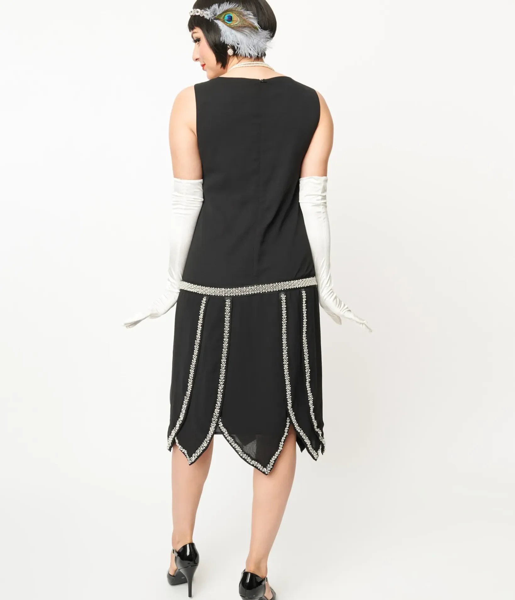 Unique Vintage Special Occasion|Flapper Dresses>1920s Black & Pearl Beaded Petal Flapper Dress