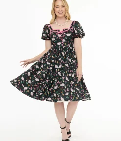 Unique Vintage Swing|Everyday Dresses>1940s Black & Pink Awesome Possum Button Front Swing Dress