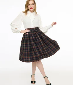 Unique Vintage Skirts>1950s Black Plaid Gellar Swing Skirt