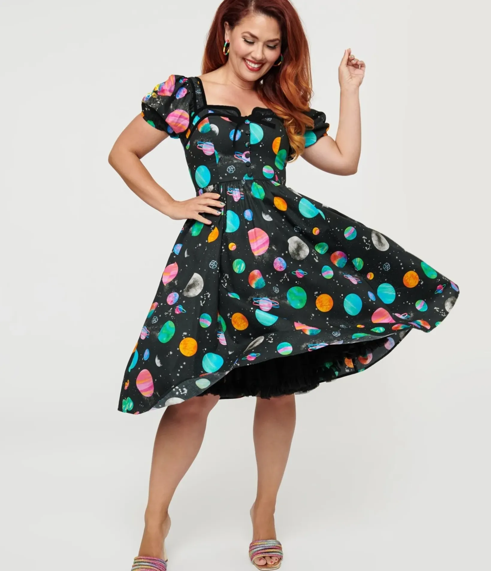 Unique Vintage Swing|Everyday Dresses>1940s Black Planet Print Button Front Dress