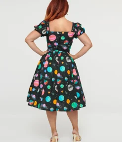 Unique Vintage Swing|Everyday Dresses>1940s Black Planet Print Button Front Dress