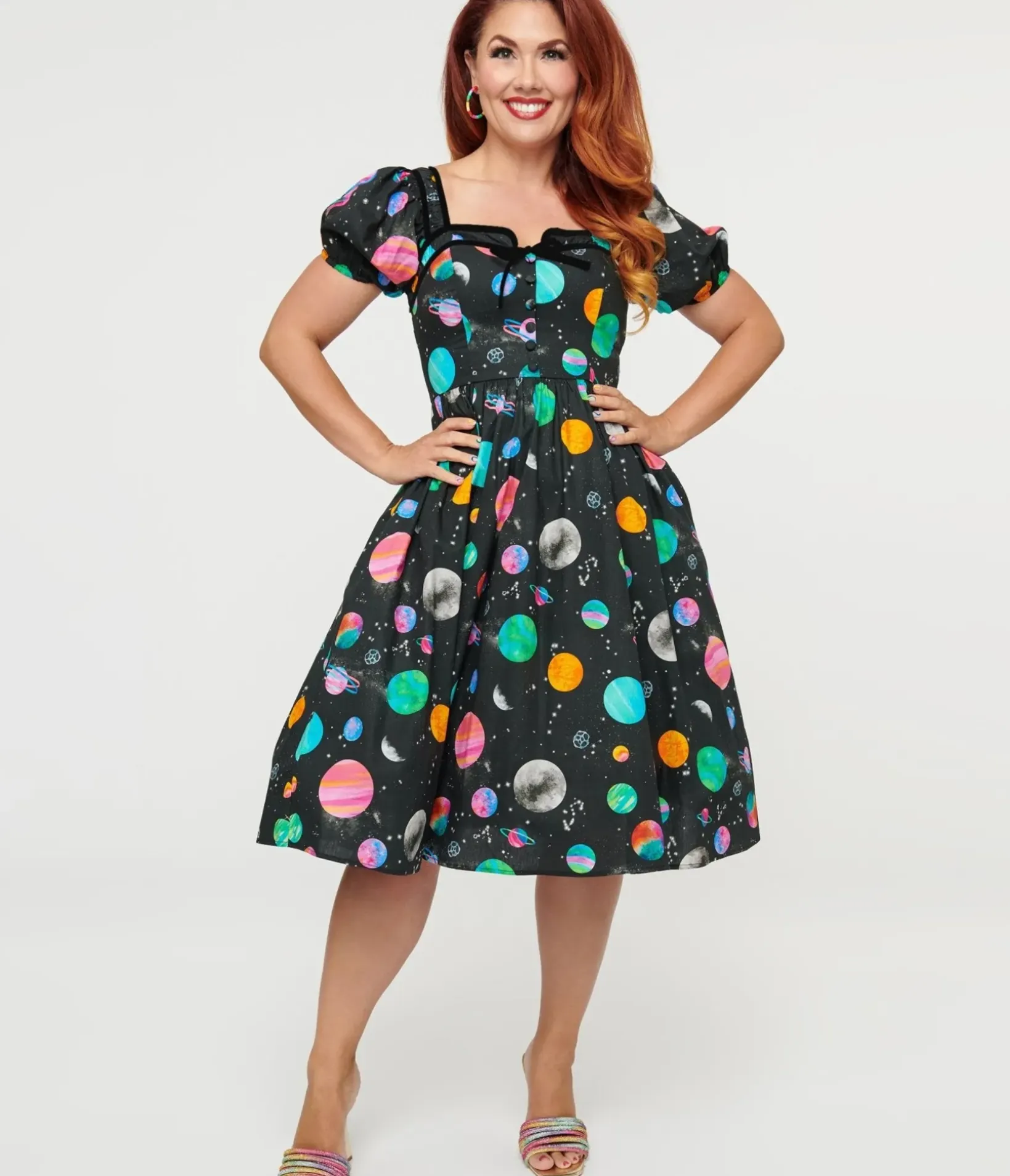 Unique Vintage Swing|Everyday Dresses>1940s Black Planet Print Button Front Dress