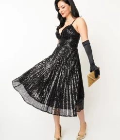 Unique Vintage Swing|Everyday Dresses>1950s Black Pleated Sequin Swing Dress