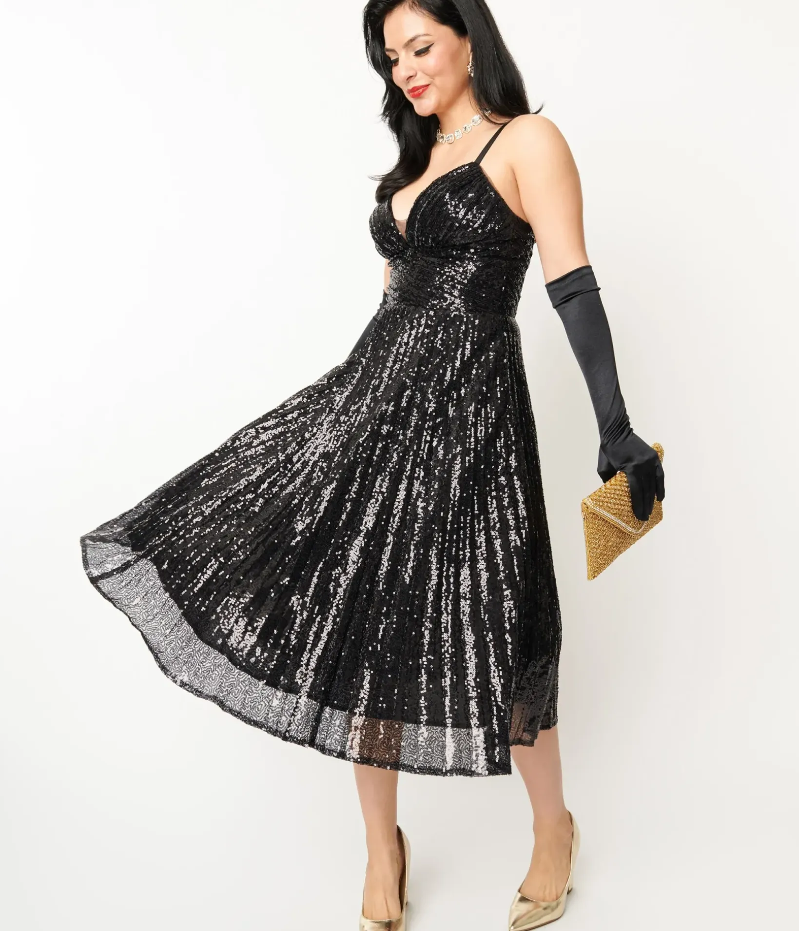 Unique Vintage Swing|Everyday Dresses>1950s Black Pleated Sequin Swing Dress