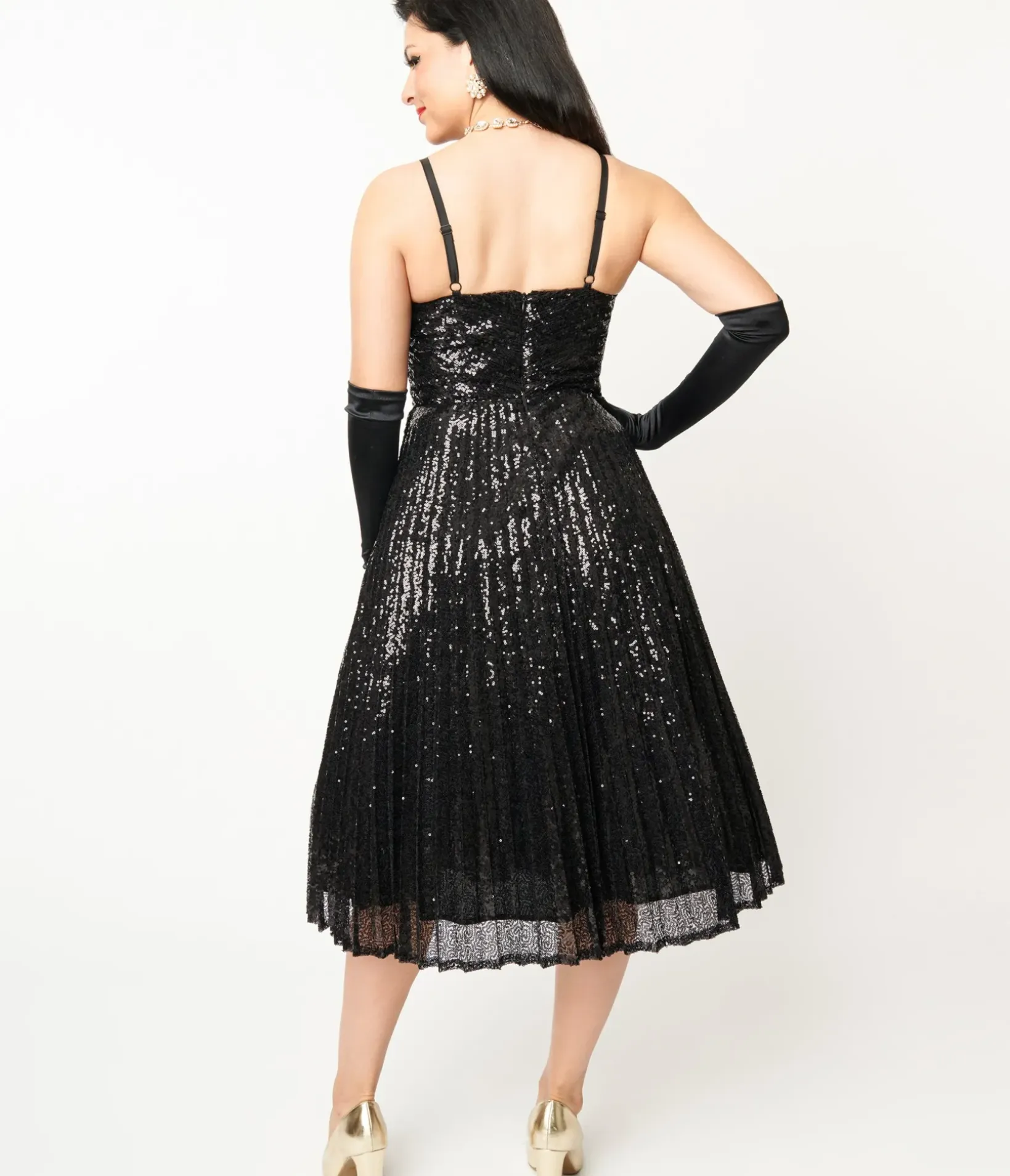 Unique Vintage Swing|Everyday Dresses>1950s Black Pleated Sequin Swing Dress