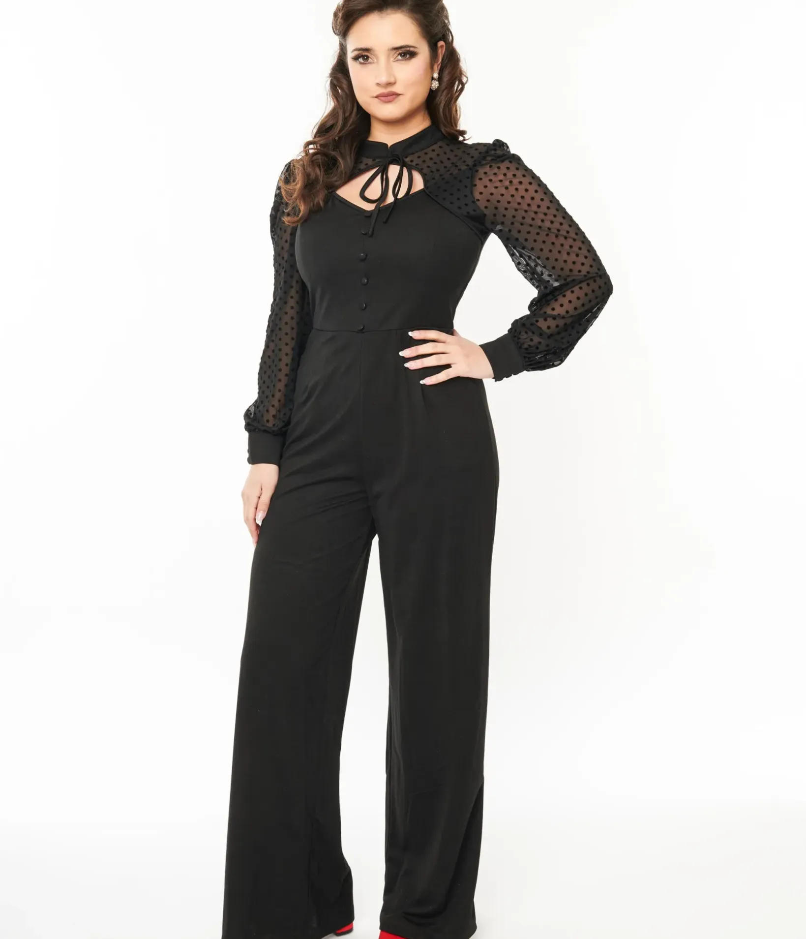 Unique Vintage Rompers & Jumpsuits|All Things Black>1970s Black & Polka Dot Long Sleeve Jumpsuit
