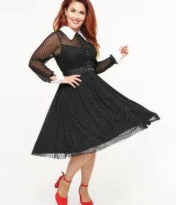 Unique Vintage Swing|Everyday Dresses>1950s Black Polka Dot Tulle Swing Dress