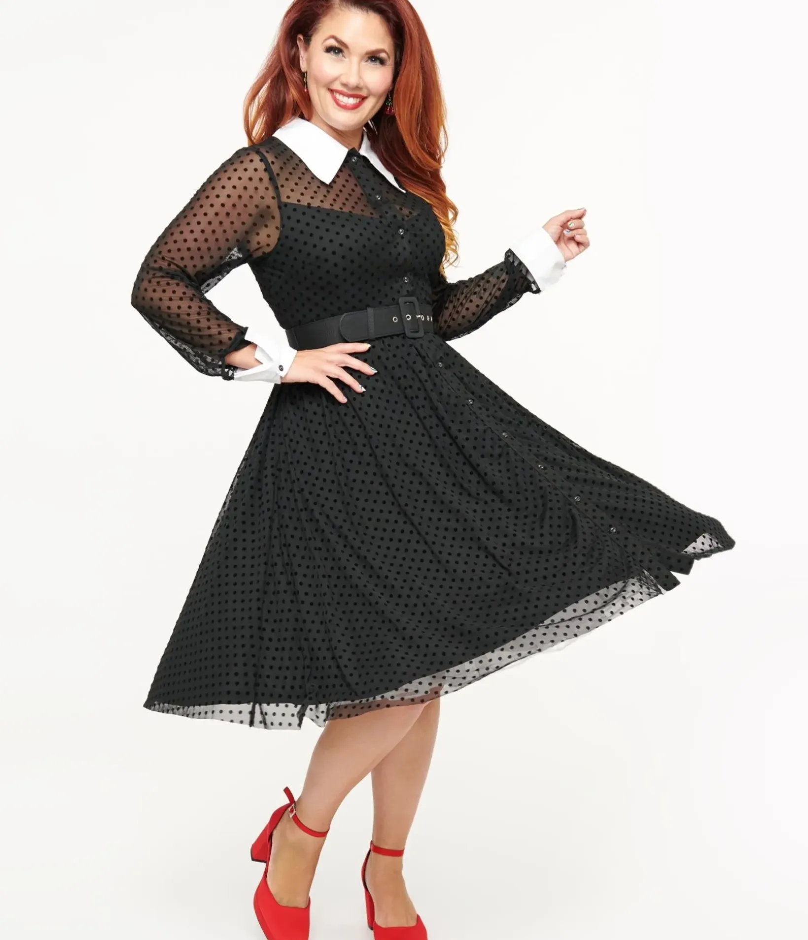 Unique Vintage Swing|Everyday Dresses>1950s Black Polka Dot Tulle Swing Dress