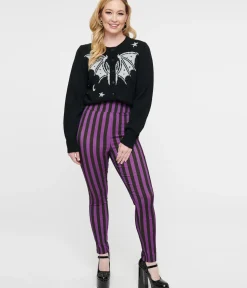 Unique Vintage Pants|Halloween>1960s Black & Purple Stripe High Waist Cigarette Pants
