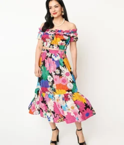 Unique Vintage Skirts>1970s Black & Rainbow Floral Midi Skirt