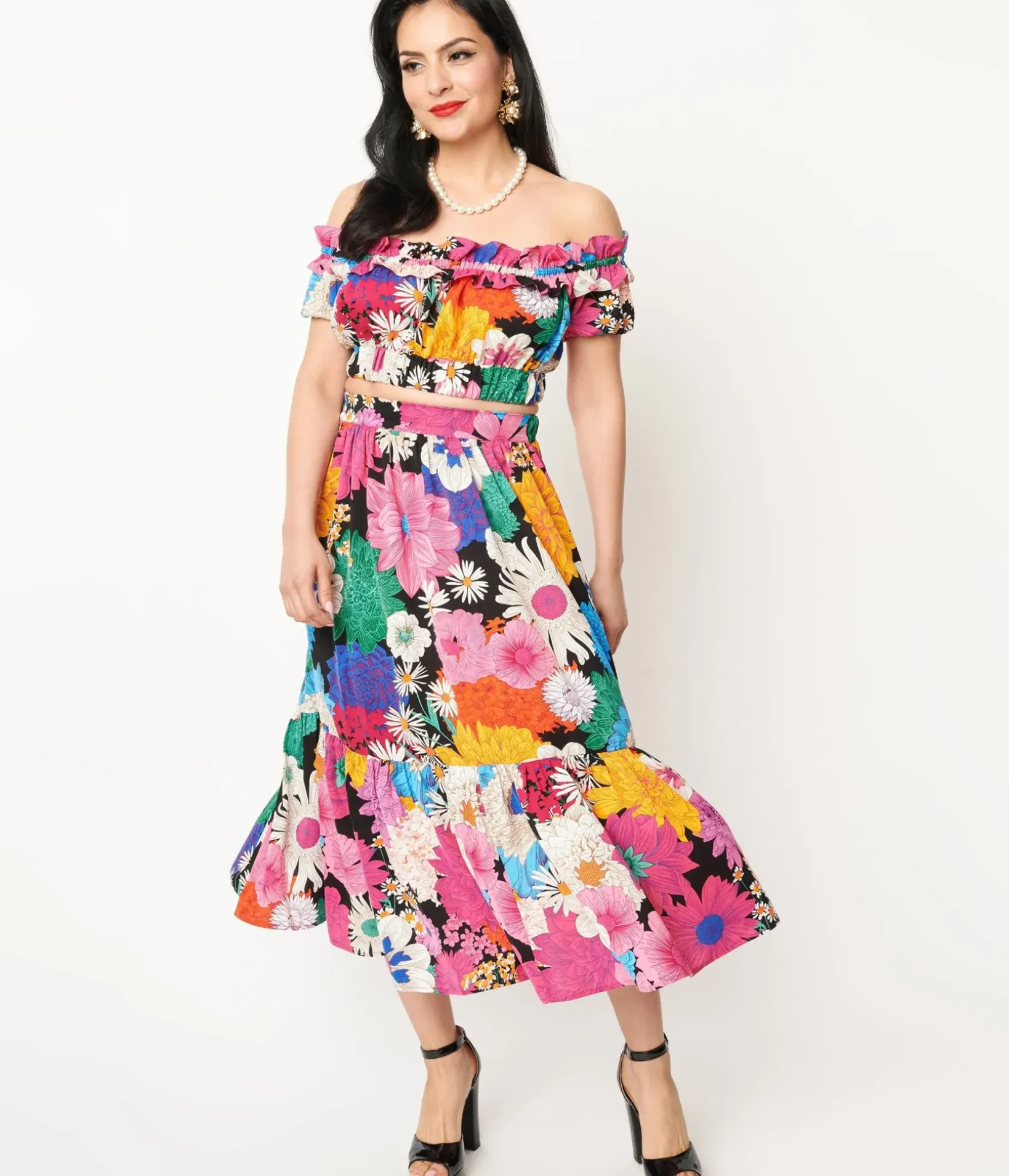 Unique Vintage Skirts>1970s Black & Rainbow Floral Midi Skirt