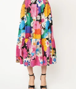 Unique Vintage Skirts>1970s Black & Rainbow Floral Midi Skirt