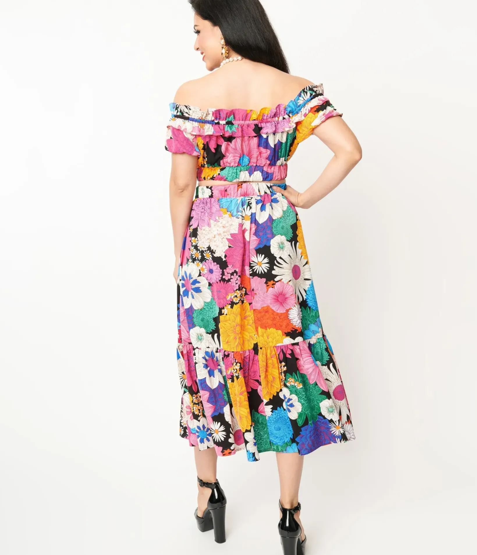 Unique Vintage Skirts>1970s Black & Rainbow Floral Midi Skirt