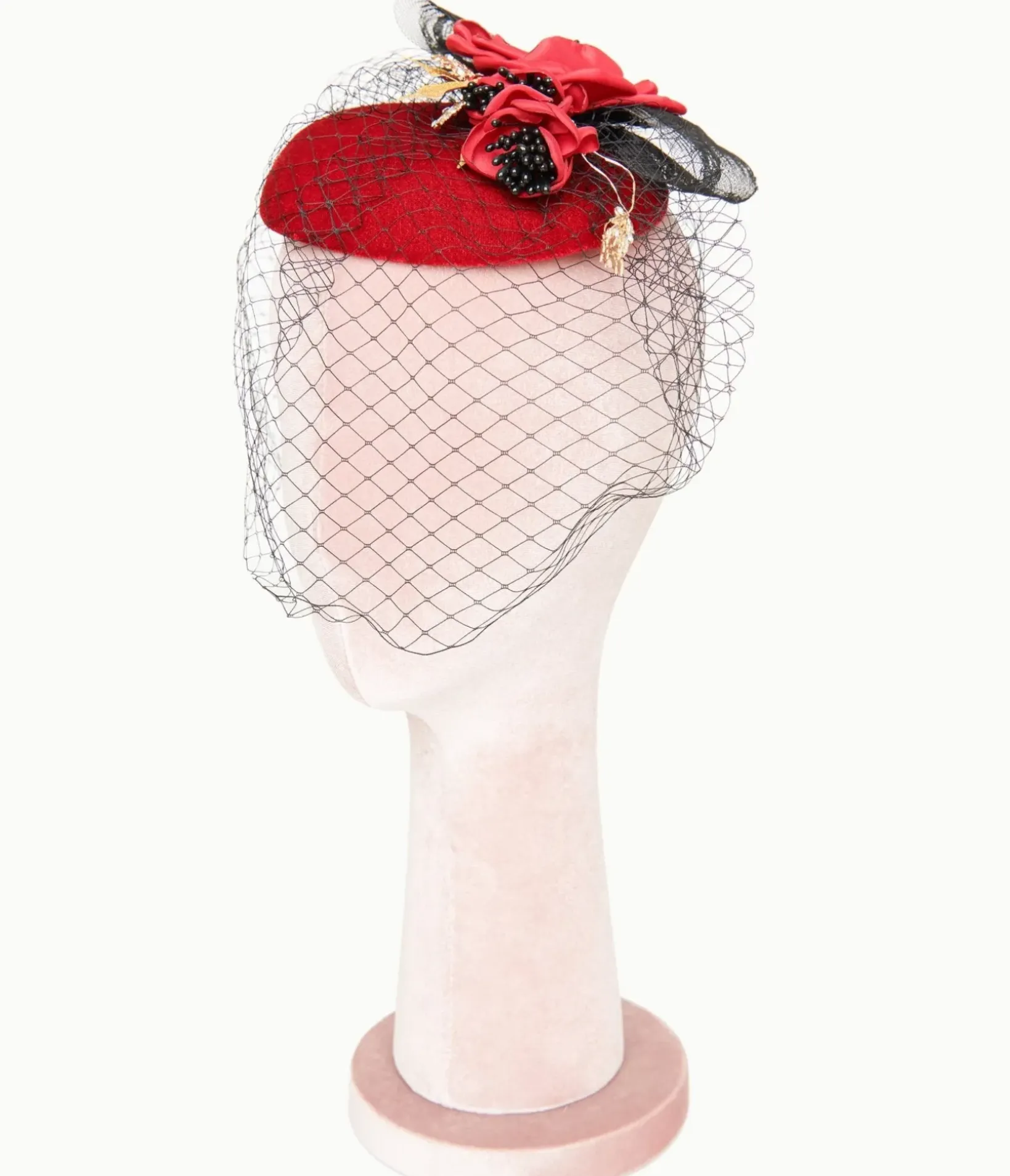 Unique Vintage All Things Red>1950s Black & Red Floral Fascinator Hat