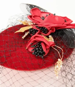 Unique Vintage All Things Red>1950s Black & Red Floral Fascinator Hat