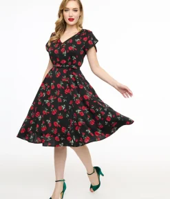 Unique Vintage Swing|Everyday Dresses>1940s Black & Red Floral Print Tulip Sleeve Swing Dress