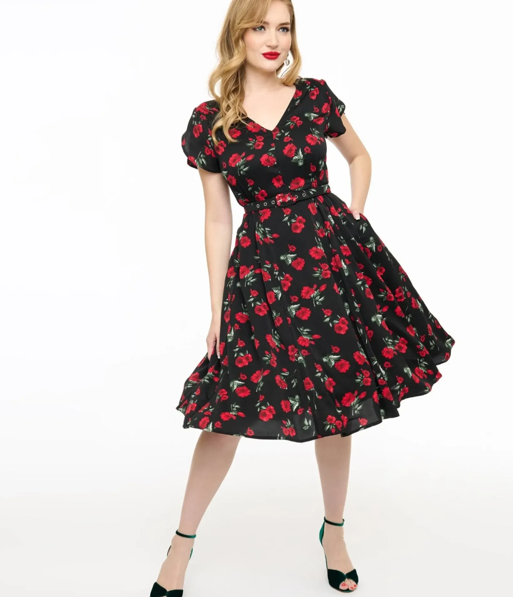 Unique Vintage Swing|Everyday Dresses>1940s Black & Red Floral Print Tulip Sleeve Swing Dress