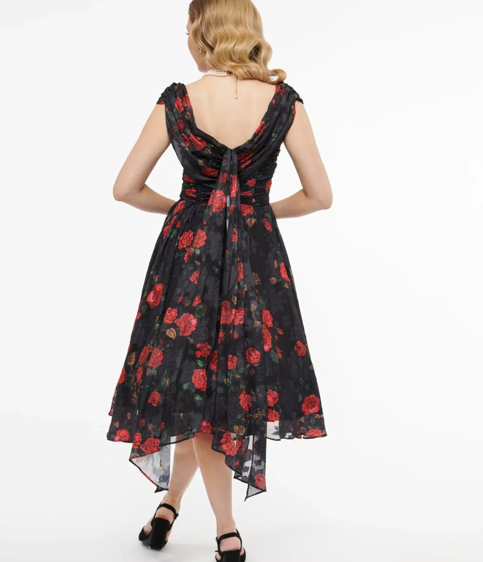 Unique Vintage Swing|Everyday Dresses>1950s Black & Red Rose Off The Shoulder Cocktail Dress