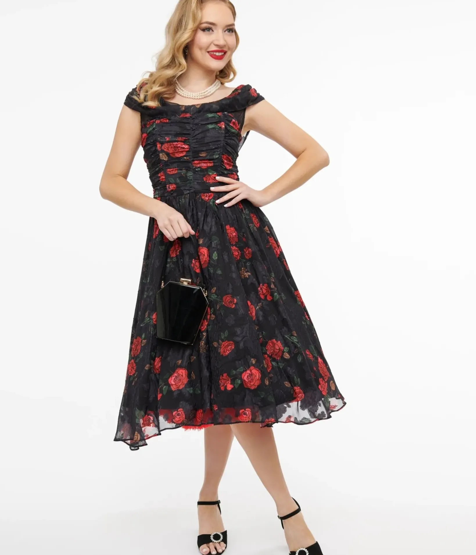 Unique Vintage Swing|Everyday Dresses>1950s Black & Red Rose Off The Shoulder Cocktail Dress