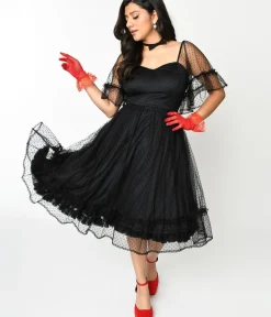 Unique Vintage Swing|Everyday Dresses>1950s Black Ruffle Sweetheart Swing Dress