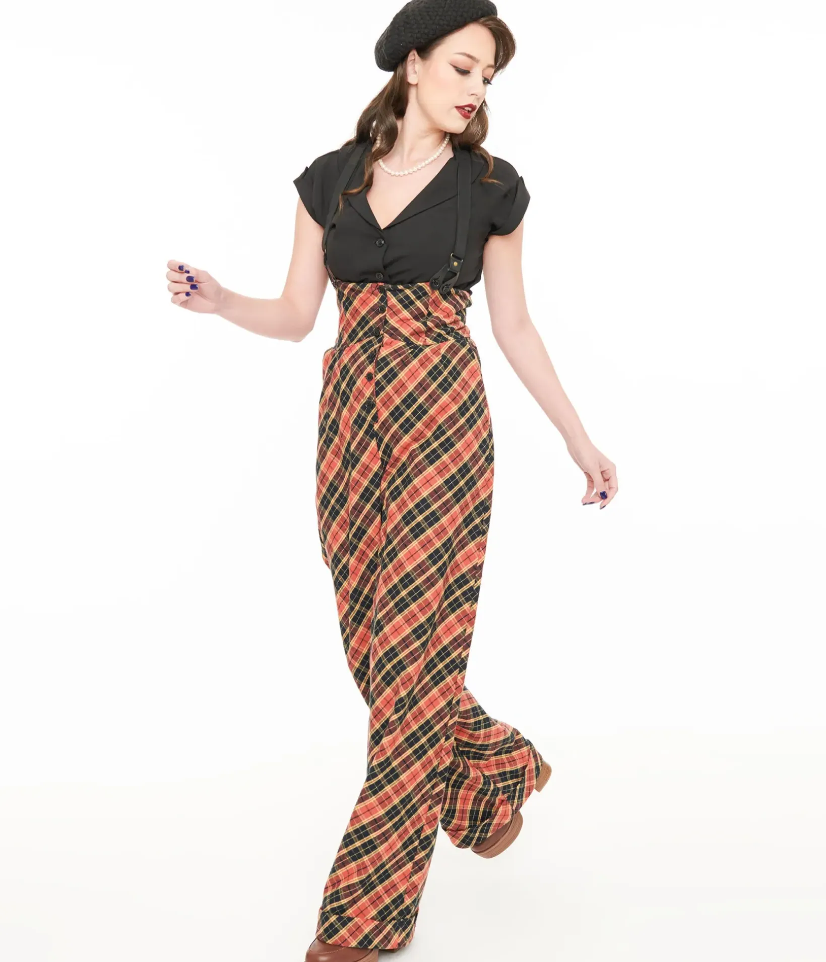 Unique Vintage Pants|Work Wear>1930s Black & Rust Plaid Thelma Suspender Pants