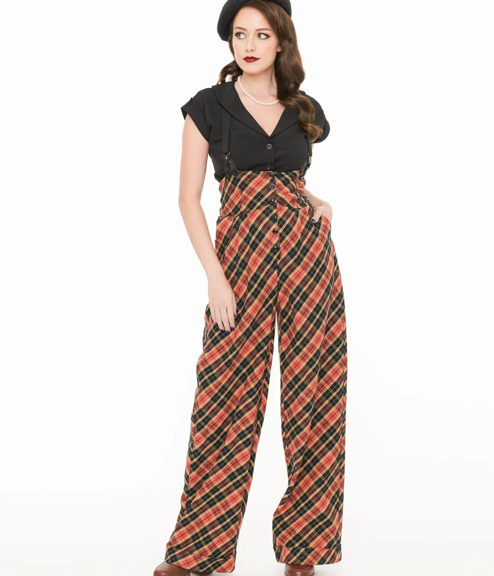 Unique Vintage Pants|Work Wear>1930s Black & Rust Plaid Thelma Suspender Pants