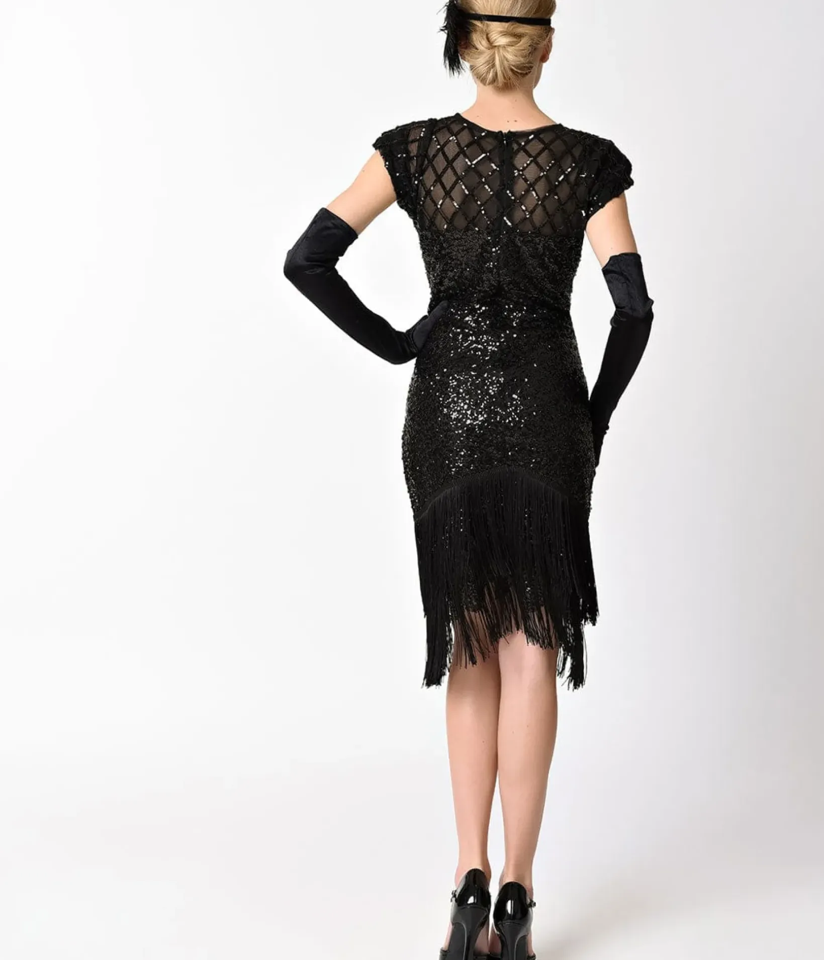 Unique Vintage Pencil|Everyday Dresses>1920s Black Sequin Fringe Del Mar Flapper Dress