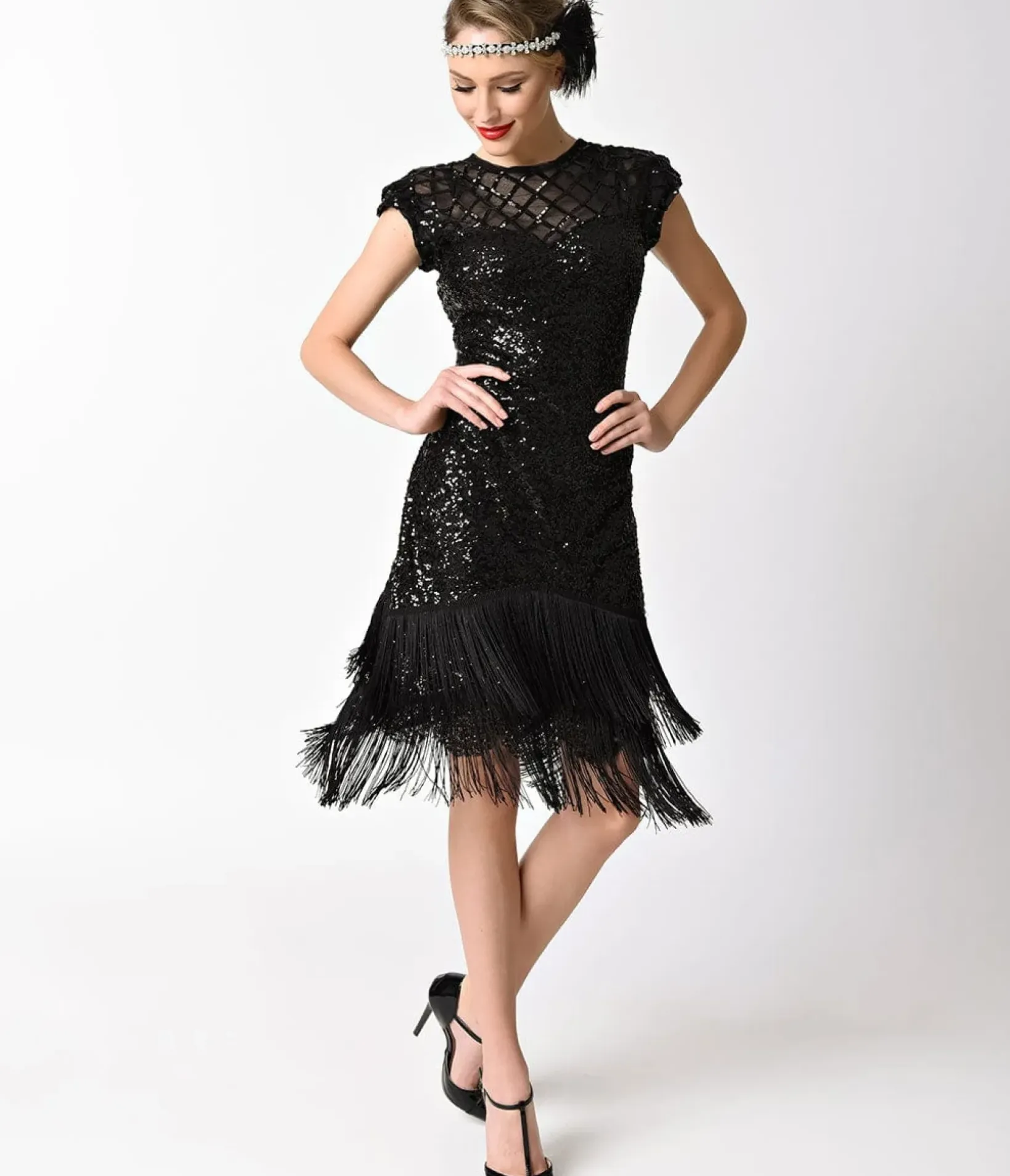 Unique Vintage Pencil|Everyday Dresses>1920s Black Sequin Fringe Del Mar Flapper Dress