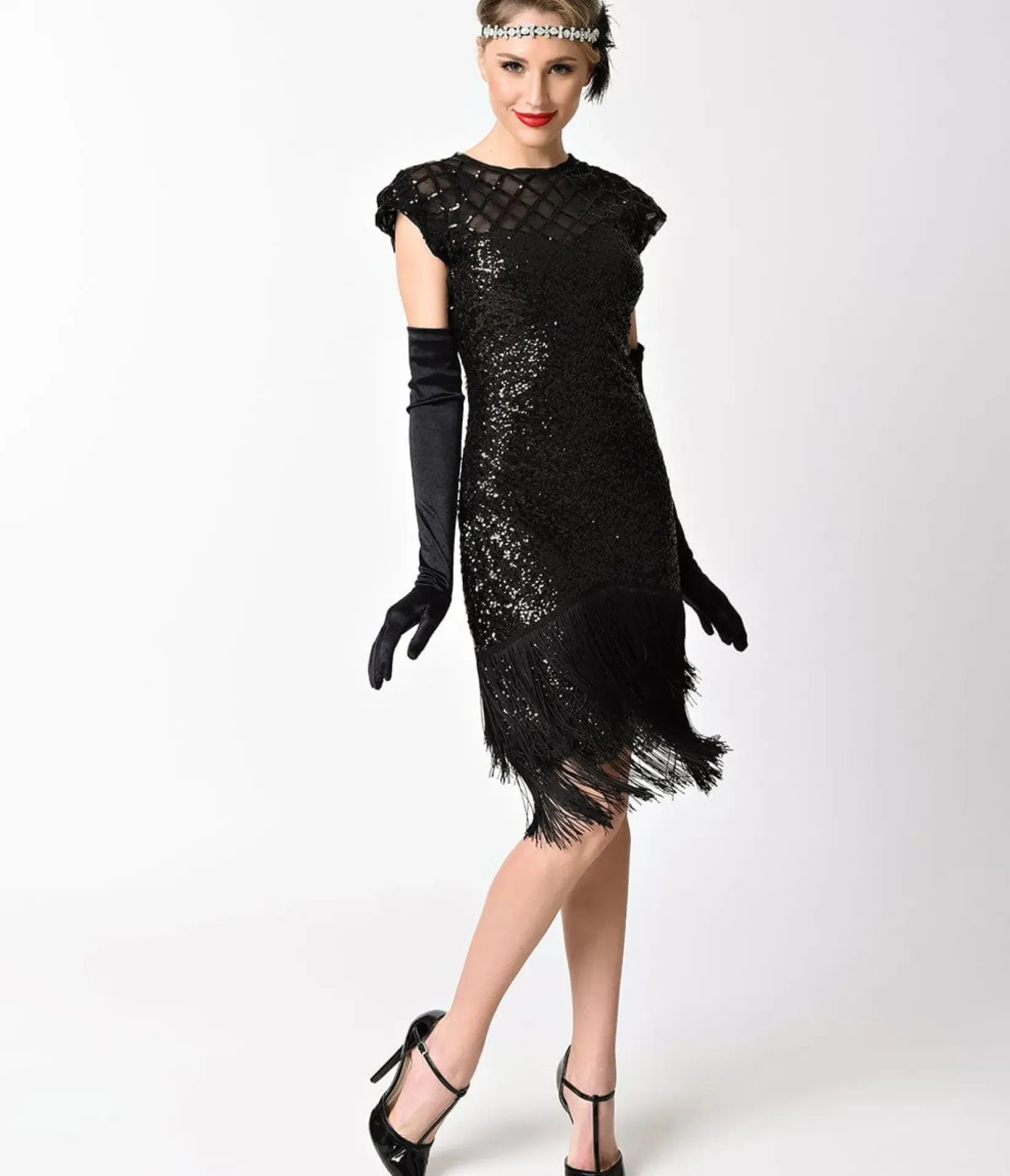 Unique Vintage Pencil|Everyday Dresses>1920s Black Sequin Fringe Del Mar Flapper Dress