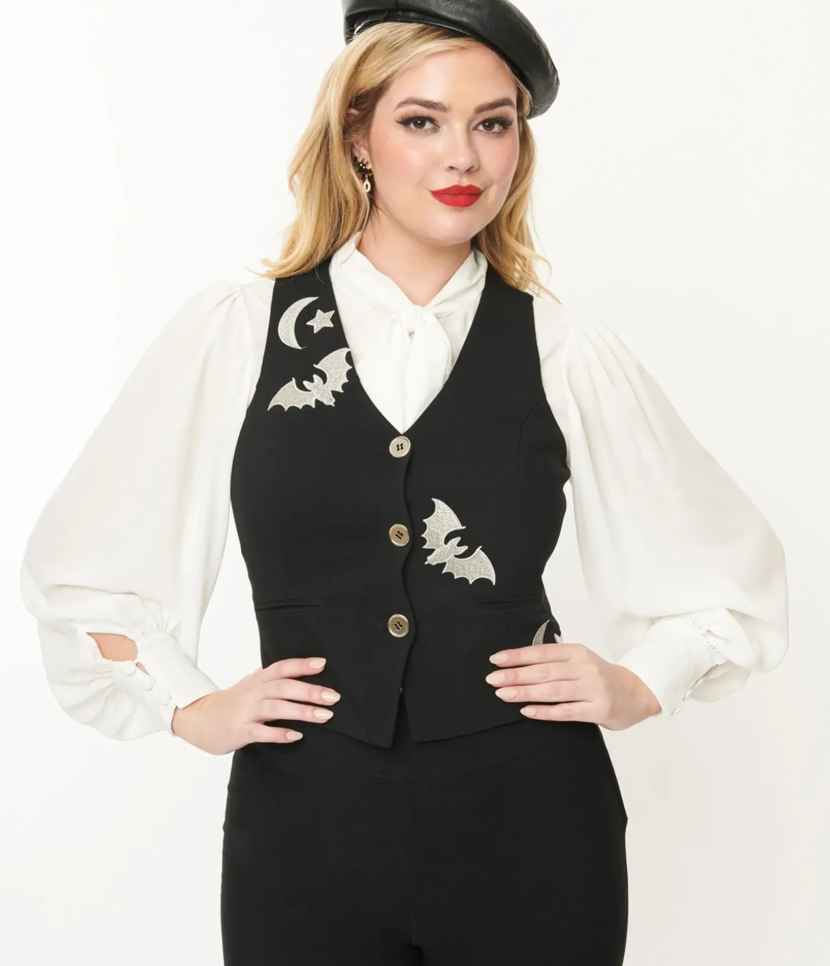 Unique Vintage All Things Black>1940s Black & Silver Bat Button Up Vest