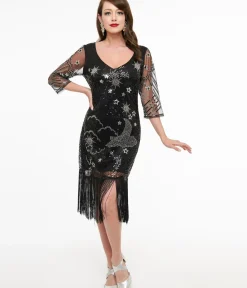 Unique Vintage Special Occasion|All Things Black>1920s Black & Silver Moon & Stars Sequin Margaux Flapper Dress