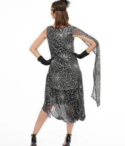 Unique Vintage Everyday Dresses|Special Occasion>1920s Black & Silver Sequin Spider Web Draped Flapper Dress