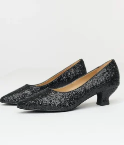 Unique Vintage Special Occasion|All Things Black>1950s Black Sparkle Pointed Kitten Heels