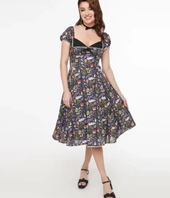 Unique Vintage Swing|Pocket Dresses>1950s Black Spellbinding Print Swing Dress