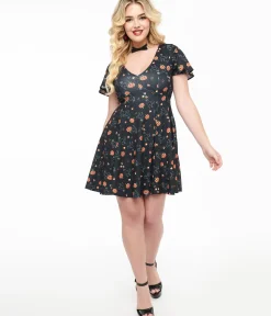 Unique Vintage Fit & Flare|Everyday Dresses>1950s Black Spooky Cats & Pumpkins Poppy Flare Dress