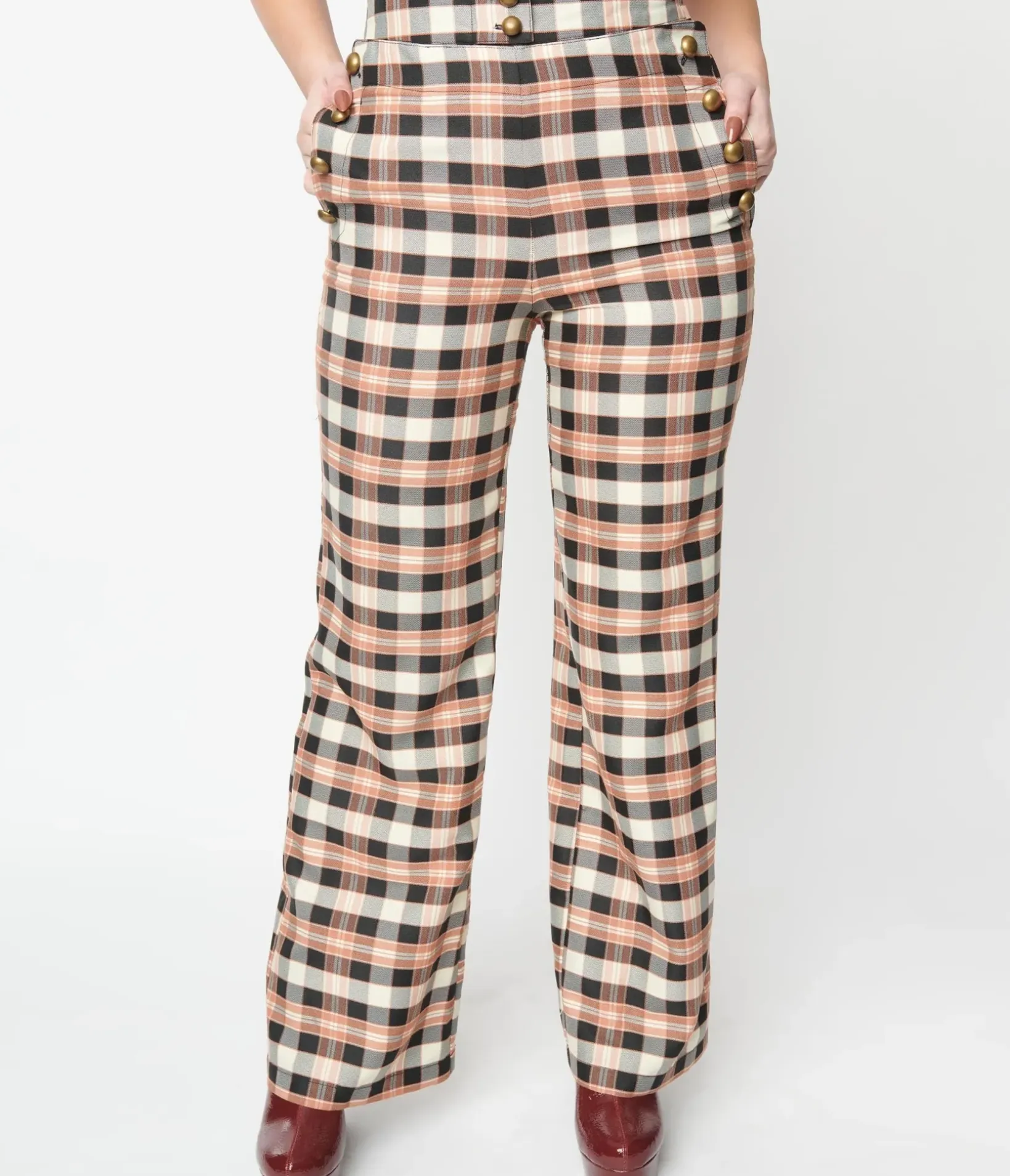 Unique Vintage Pants|Pants>1940s Black & Tan Plaid Sailor Pants