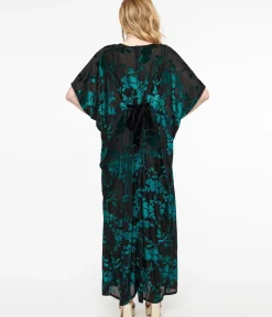 Unique Vintage Caftans|Caftans>1970s Black & Teal Velvet Floral Burnout Caftan Jumpsuit