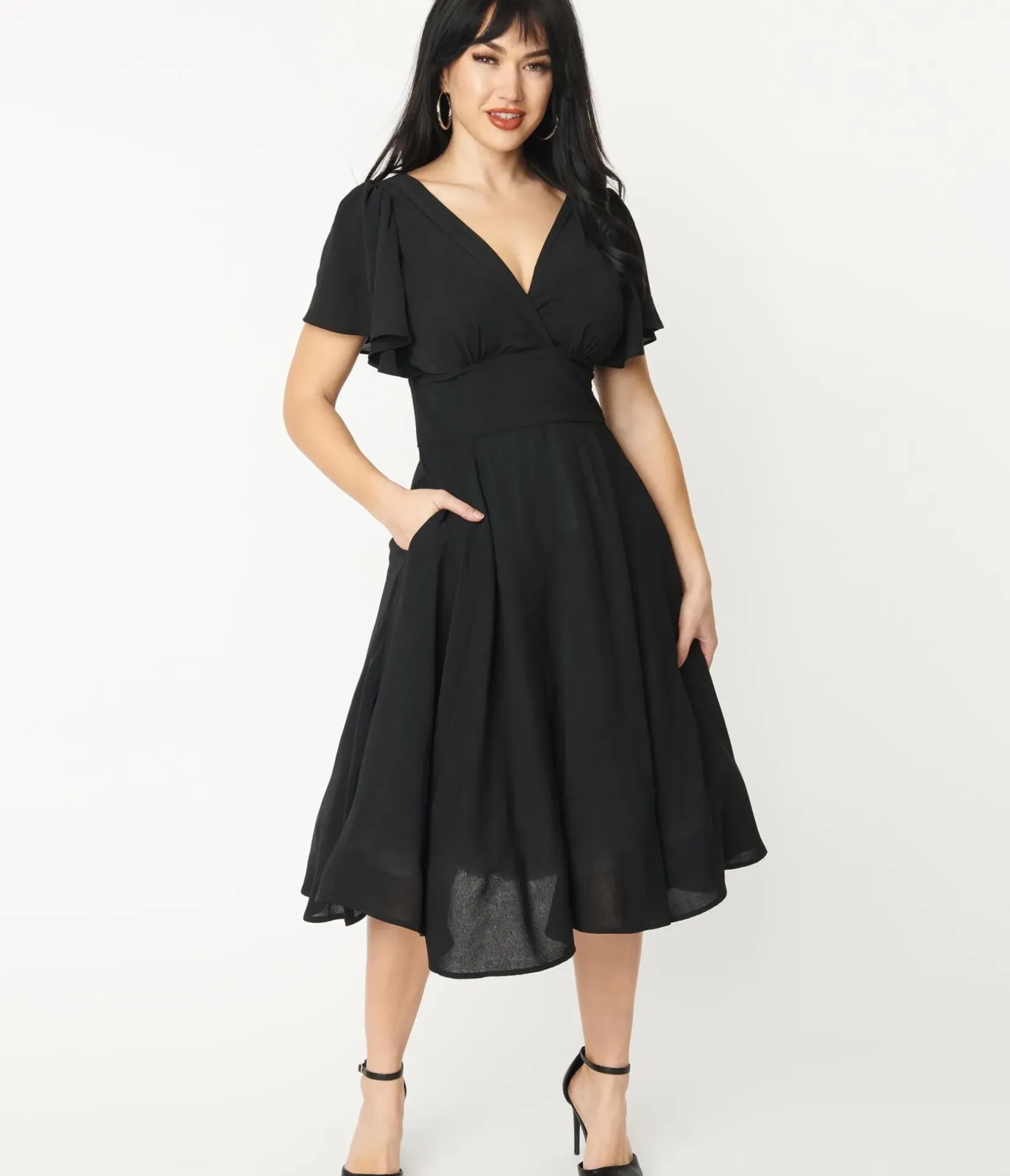 Unique Vintage Swing|Pocket Dresses>1940s Black Texture Swing Dress