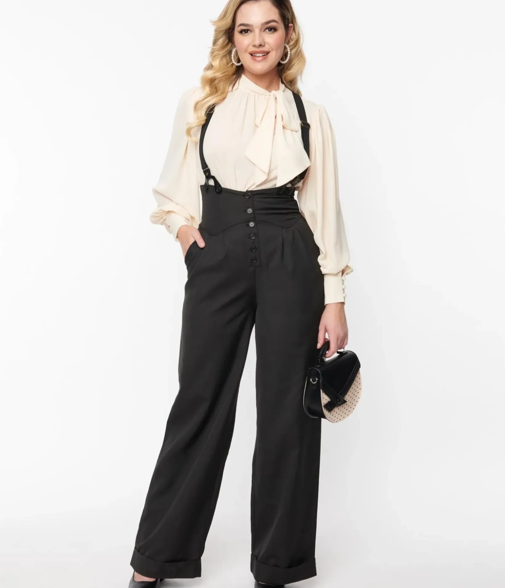 Unique Vintage Pants|All Things Black>1930s Black Thelma Suspender Pants