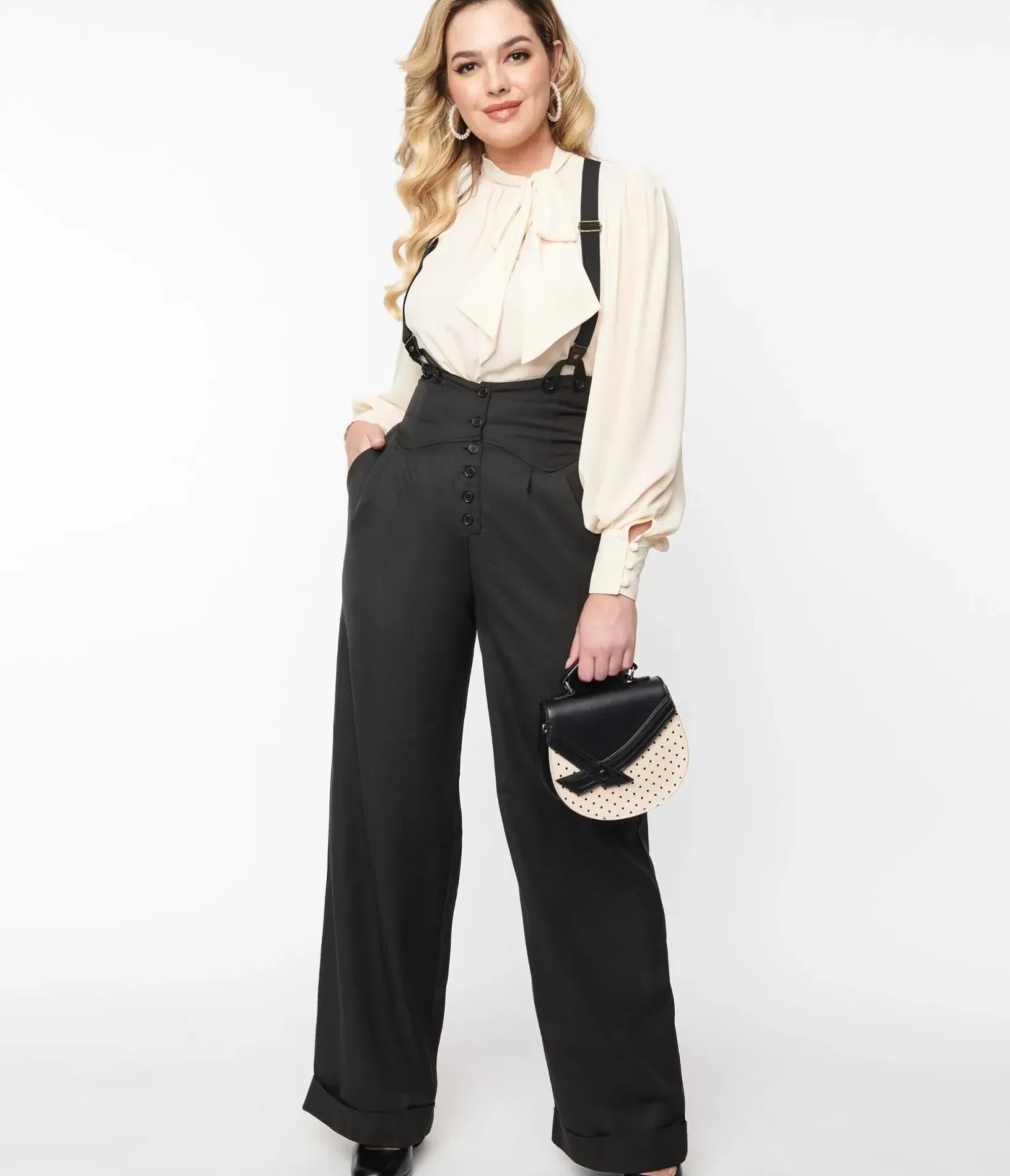 Unique Vintage Pants|All Things Black>1930s Black Thelma Suspender Pants