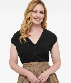 Unique Vintage Blouses|All Things Black>1960s Black Twill Sleeveless Blouse